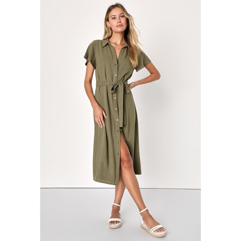 Lulus Italian Summer Olive Green Linen Button-up Short Sleeve Dress - Size M
